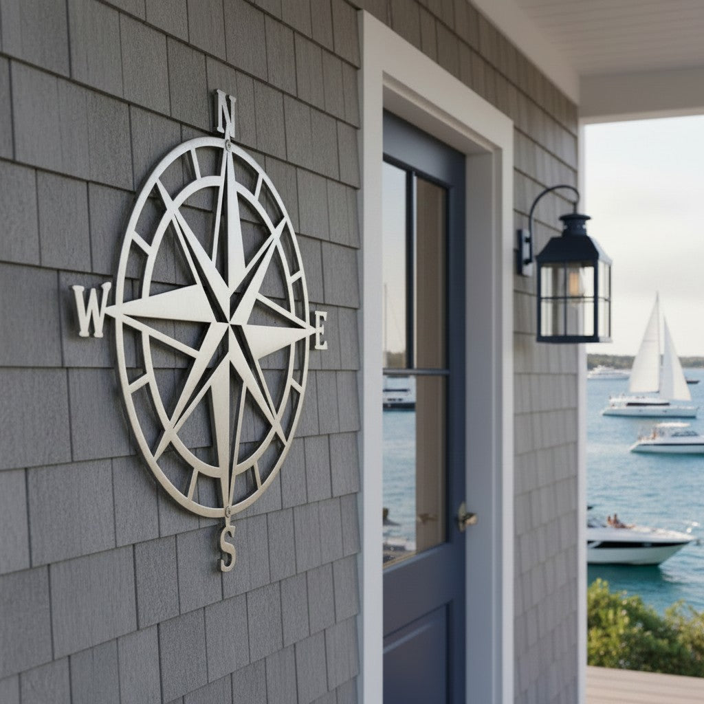 A silver metallic compass rose sign mounted on grey shingle siding next to a blue entry door with a black lantern, overlooking a body of water with sailboats.