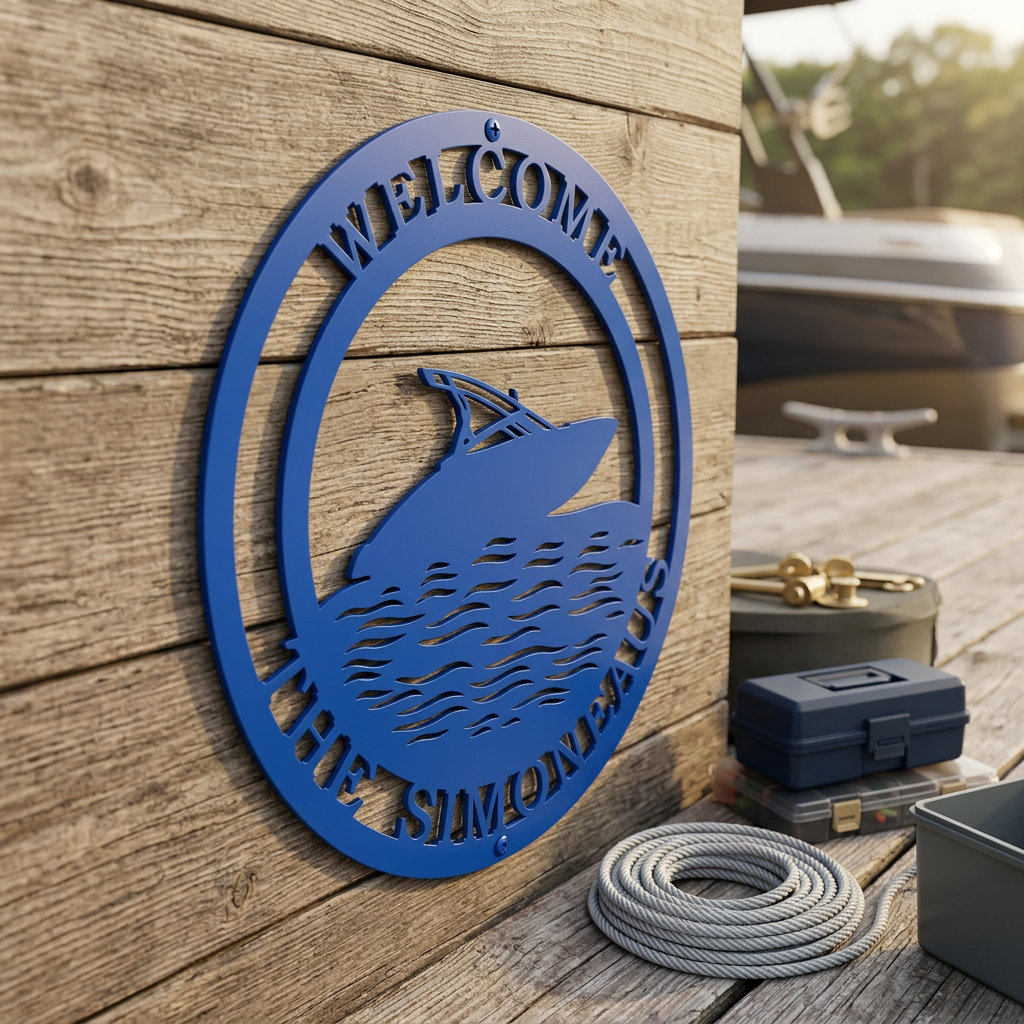 A royal blue circular metal welcome sign personalized for "The Simoneaus," attached to weathered wood planks on a boat dock next to coiled marine rope.