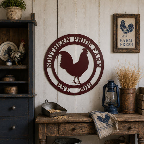 Maroon rooster farm metal wall sign displayed in rustic farmhouse interior with vintage rooster decorations