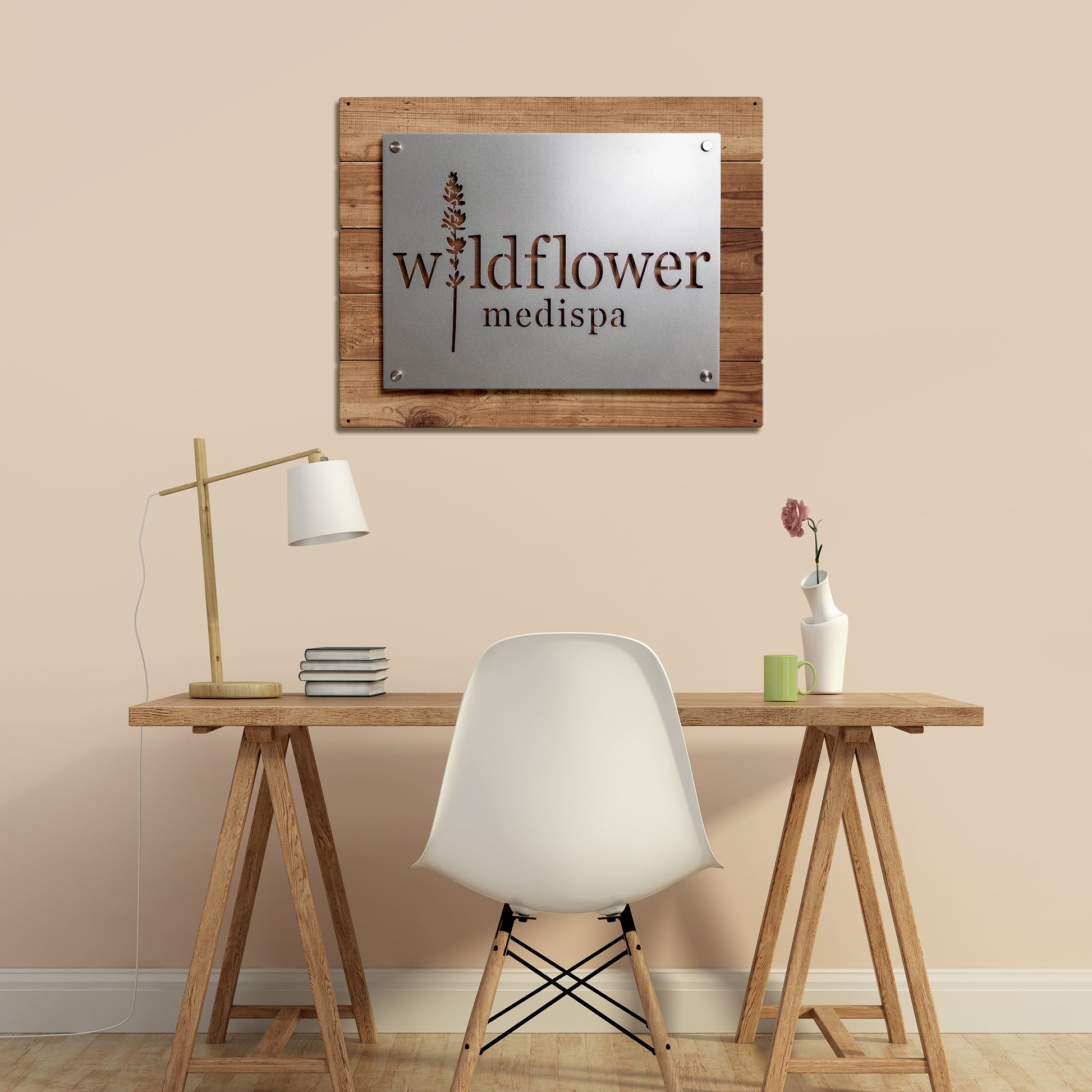 Large Custom Business Logo Sign displayed on a wooden wall above a desk, illustrating its suitability for personalized office decor and professional branding in various indoor and outdoor environments.