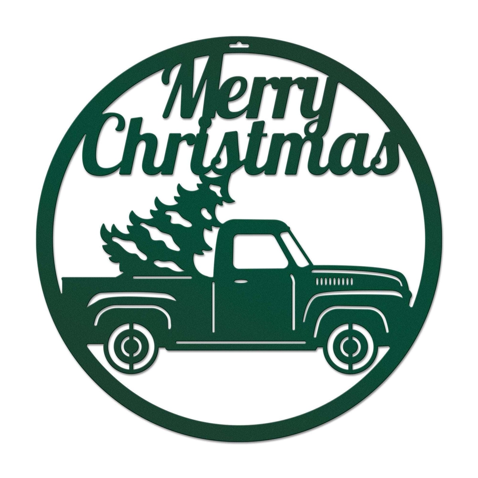 Decorative sign featuring vintage truck carrying Christmas tree with Merry Christmas text, festive holiday décor for seasonal home or wall display