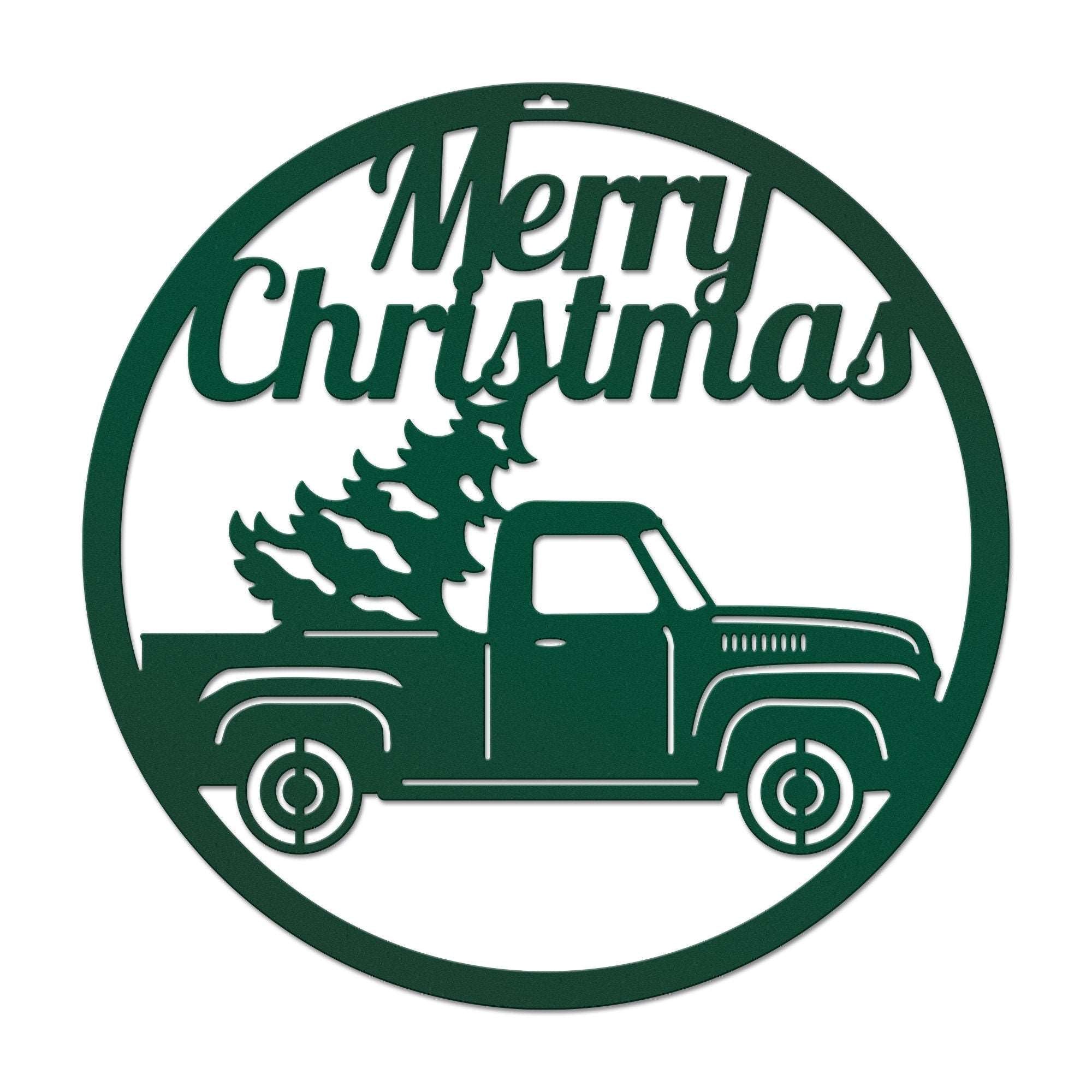 Decorative sign featuring vintage truck carrying Christmas tree with Merry Christmas text, festive holiday décor for seasonal home or wall display