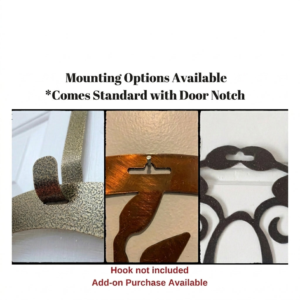 Metal art product with mounting options and door notch feature, featuring House Sensations brand, hook not included but available as add-on, customizable decorative metal signage for home or office décor