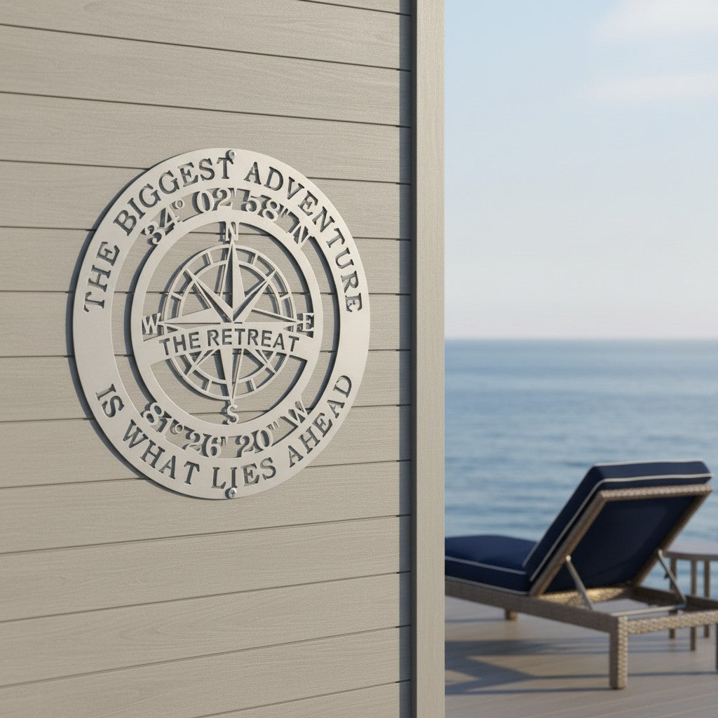 A metallic satin silver circular metal compass sign is installed on a light gray wooden exterior accent wall. The plaque details geographical coordinates and the name "THE RETREAT." A contemporary deck area with a modern lounge chair and a distant ocean view completes the setting.