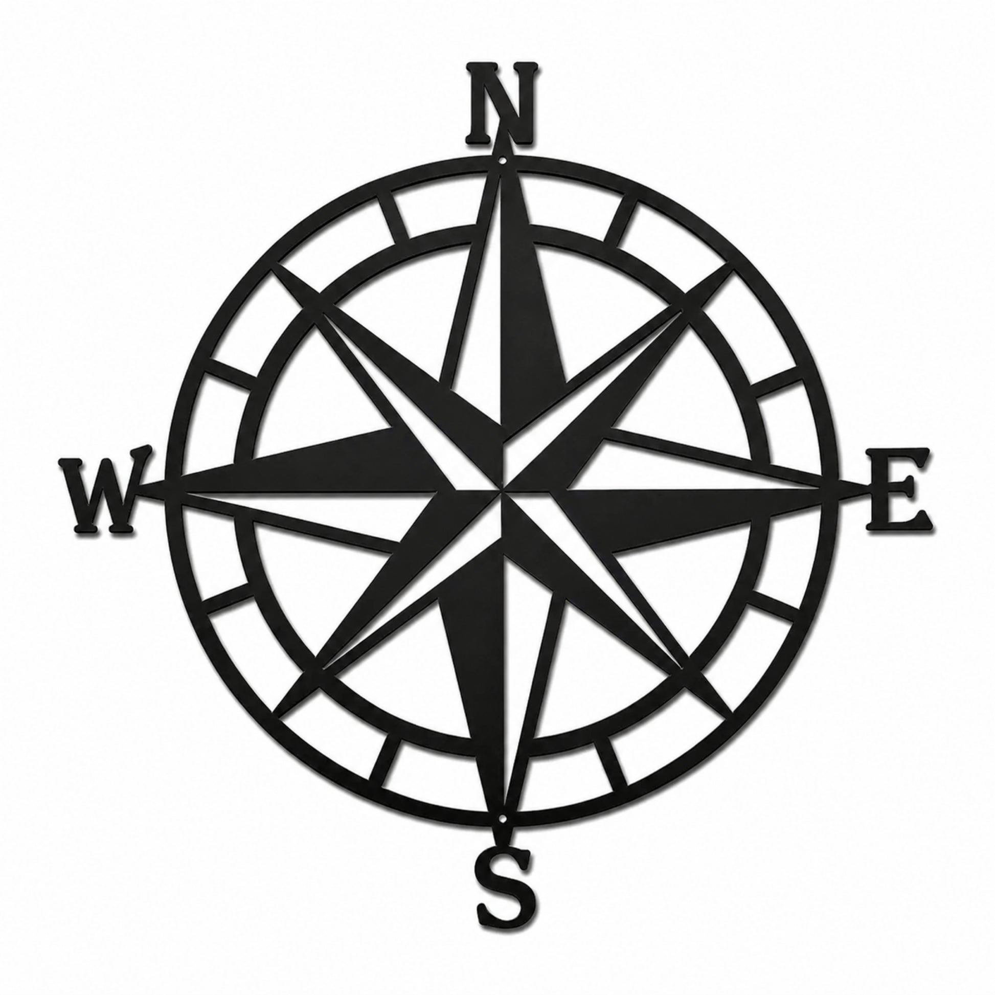 Black metal compass rose wall decor featuring directional letters N, S, E, W with circular frame, nautical steel wall art on white background