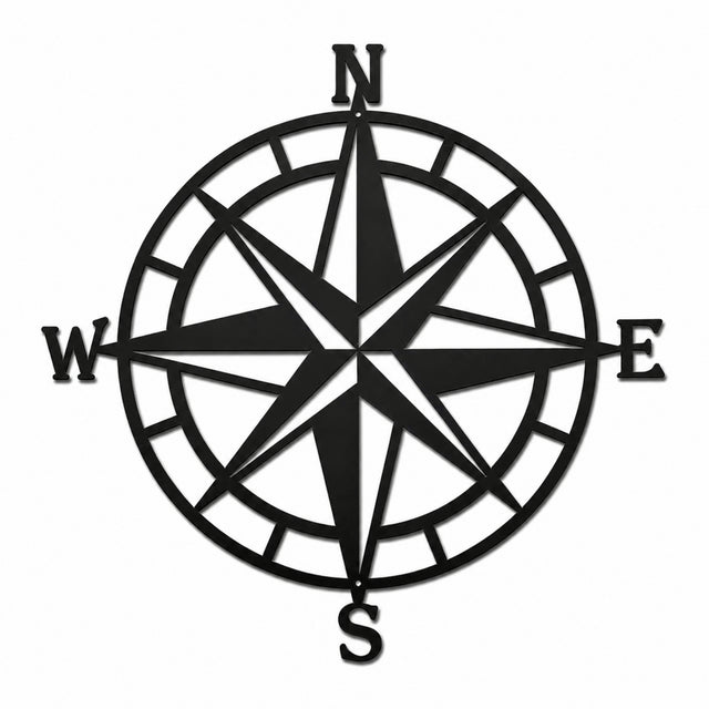 Black metal compass rose wall decor featuring directional letters N, S, E, W with circular frame, nautical steel wall art on white background