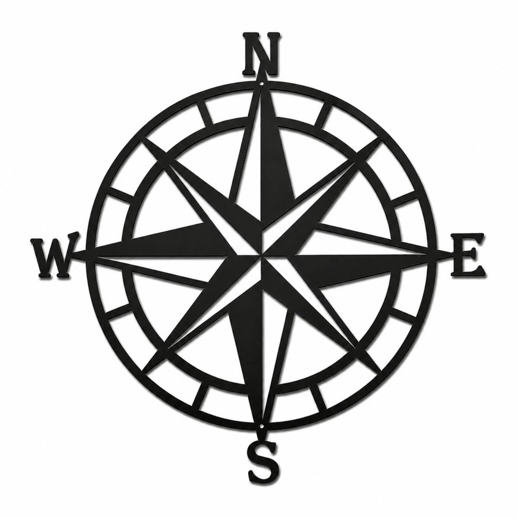 Black metal compass rose wall decor featuring directional letters N, S, E, W with circular frame, nautical steel wall art on white background