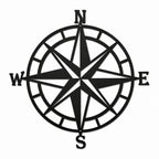 Black metal compass rose wall decor featuring directional letters N, S, E, W with circular frame, nautical steel wall art on white background