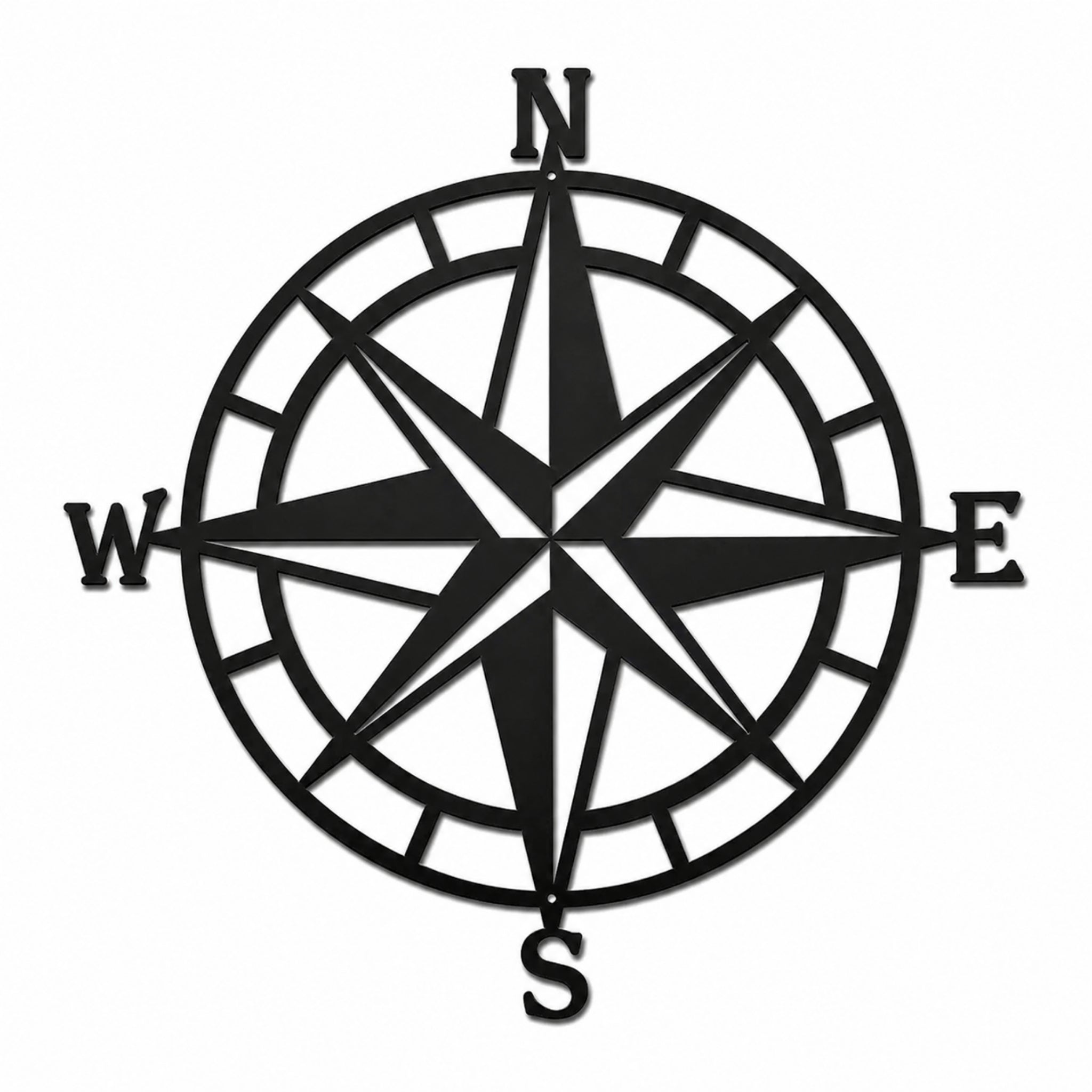 Black metal compass rose wall decor featuring directional letters N, S, E, W with circular frame, nautical steel wall art on white background