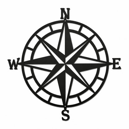 Black metal compass rose wall decor featuring directional letters N, S, E, W with circular frame, nautical steel wall art on white background