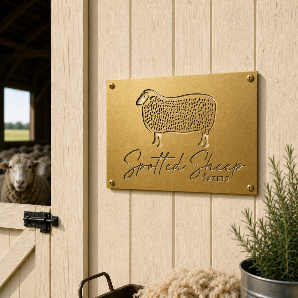 Metallic gold spotted sheep farm metal wall plaque mounted on barn siding with sheep illustration and elegant farm lettering