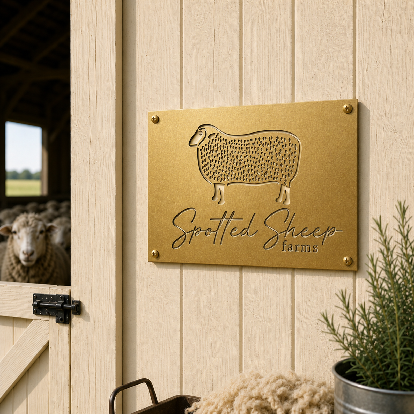 Metallic gold spotted sheep farm metal wall plaque mounted on barn siding with sheep illustration and elegant farm lettering