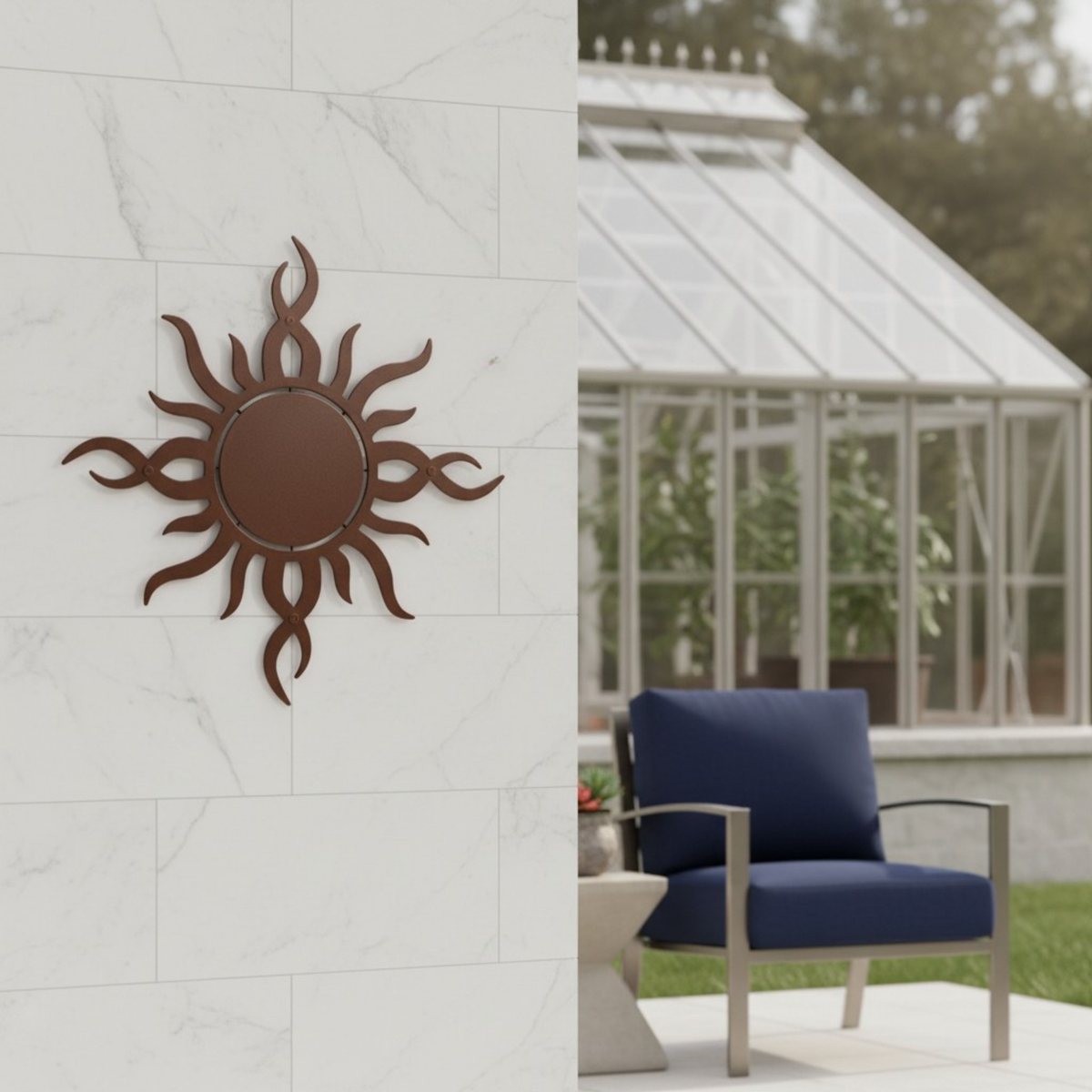 A dark brown metal sun plaque with elegant flaming rays mounted on a white marbled tile wall, looking out over an outdoor patio with a blue cushion armchair and a greenhouse.