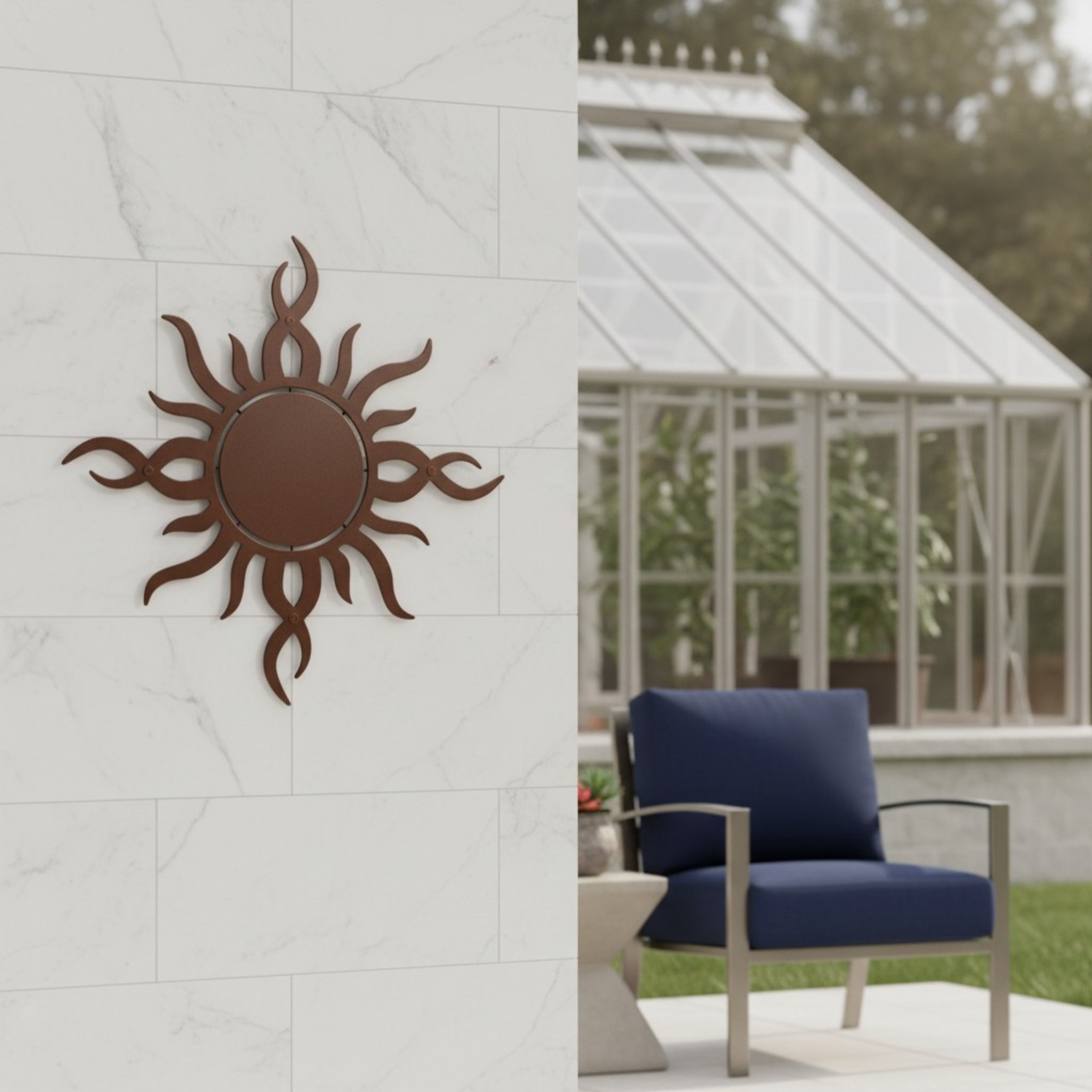 A dark brown metal sun plaque with elegant flaming rays mounted on a white marbled tile wall, looking out over an outdoor patio with a blue cushion armchair and a greenhouse.