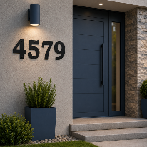 Sleek satin black metal house numbers showing the digits "4579" are fixed to a light gray textured wall beside a large navy blue modern entryway door. A cylindrical outdoor wall sconce highlights the numbers above a square dark blue planter box with manicured greenery.