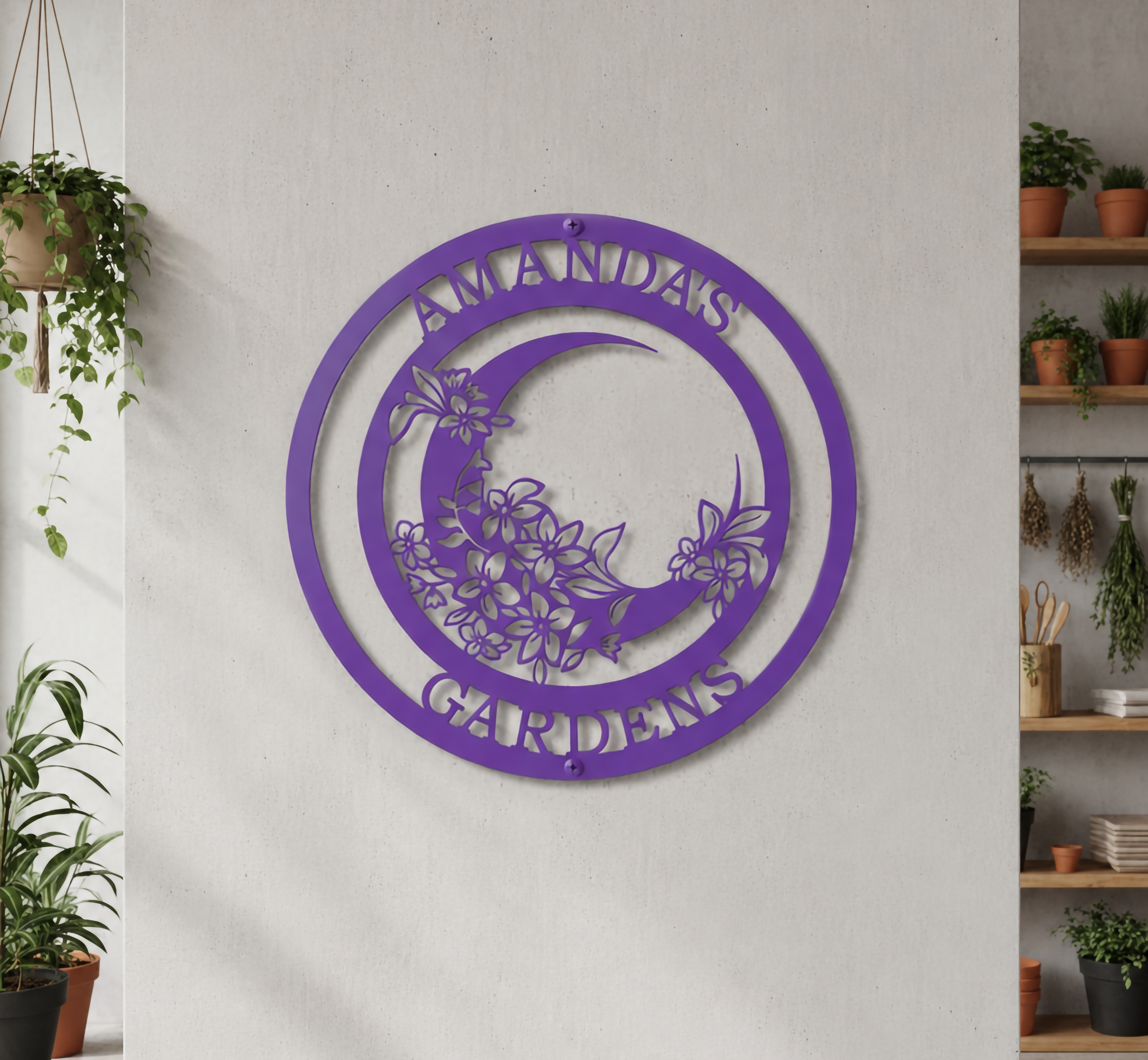 Personalized Moon Garden Metal Wall Decor – Custom Floral Botanical Home Art – HouseSensationsArt – TTS