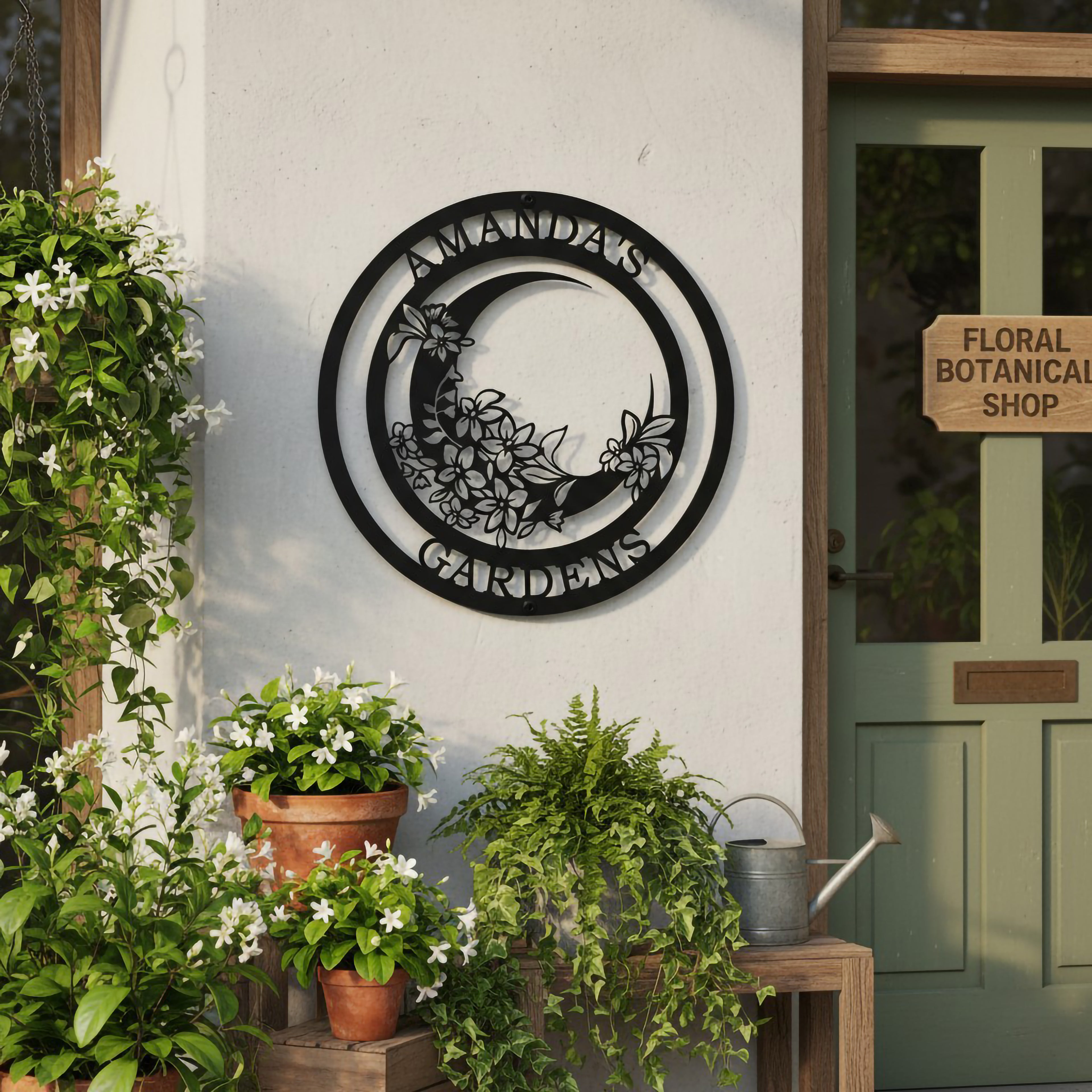 Personalized Moon Garden Metal Wall Decor – Custom Floral Botanical Home Art – HouseSensationsArt – TTS