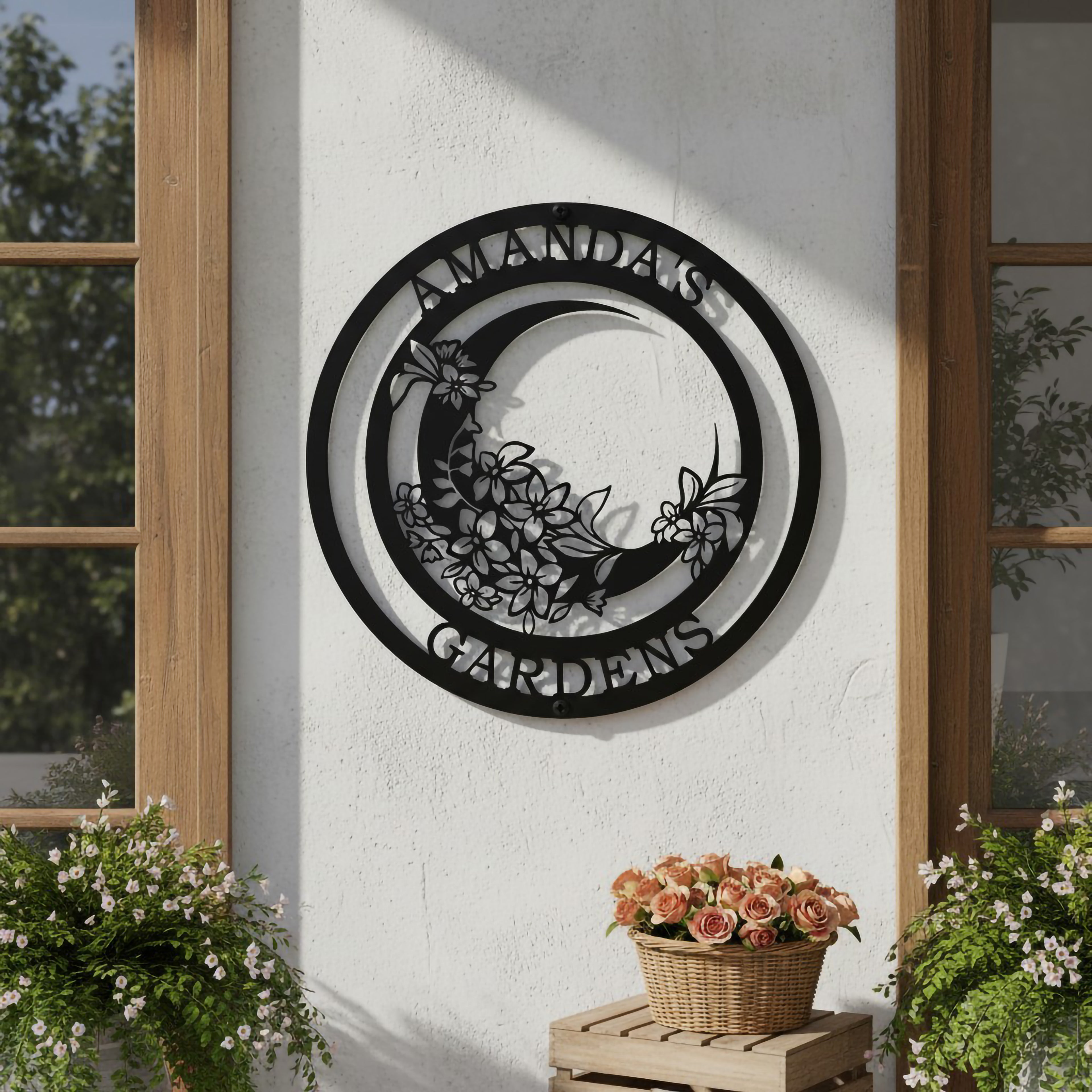 Personalized Moon Garden Metal Wall Decor – Custom Floral Botanical Home Art – HouseSensationsArt – TTS