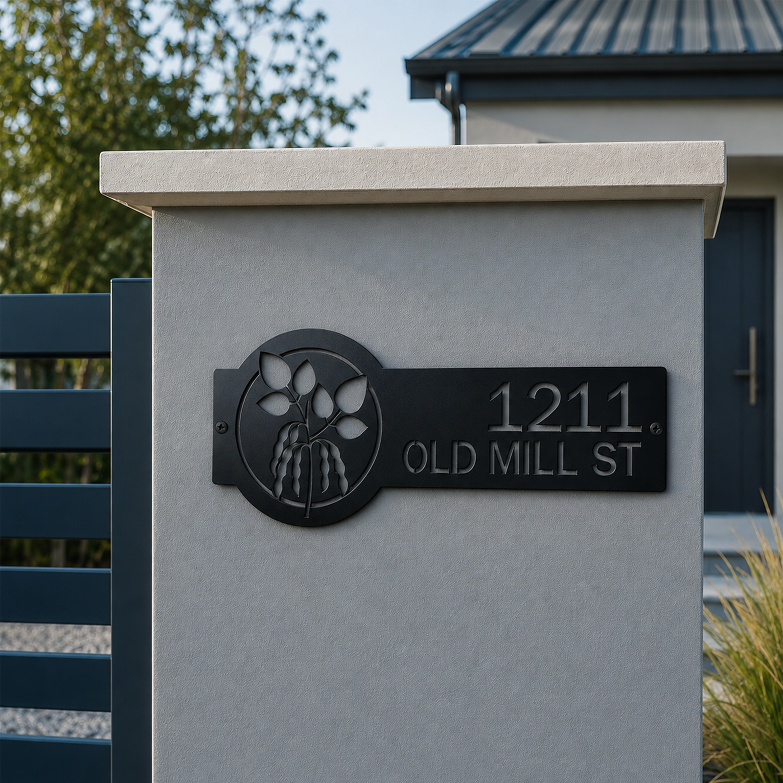 Black personalized metal house number plaque with botanical leaf cutout design mounted on outdoor concrete wall displaying 1211 Old Mill St