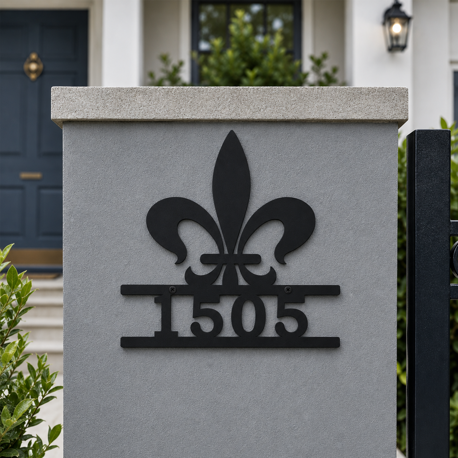 Black fleur de lis metal house number sign mounted on gray exterior wall displaying address number 1505