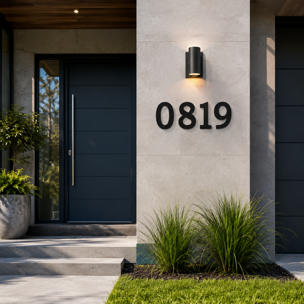 Clean-lined black metal house numbers featuring the address "0819" fixed to a light gray concrete exterior wall under a cylindrical black downlight, situated by a modern navy blue entryway.