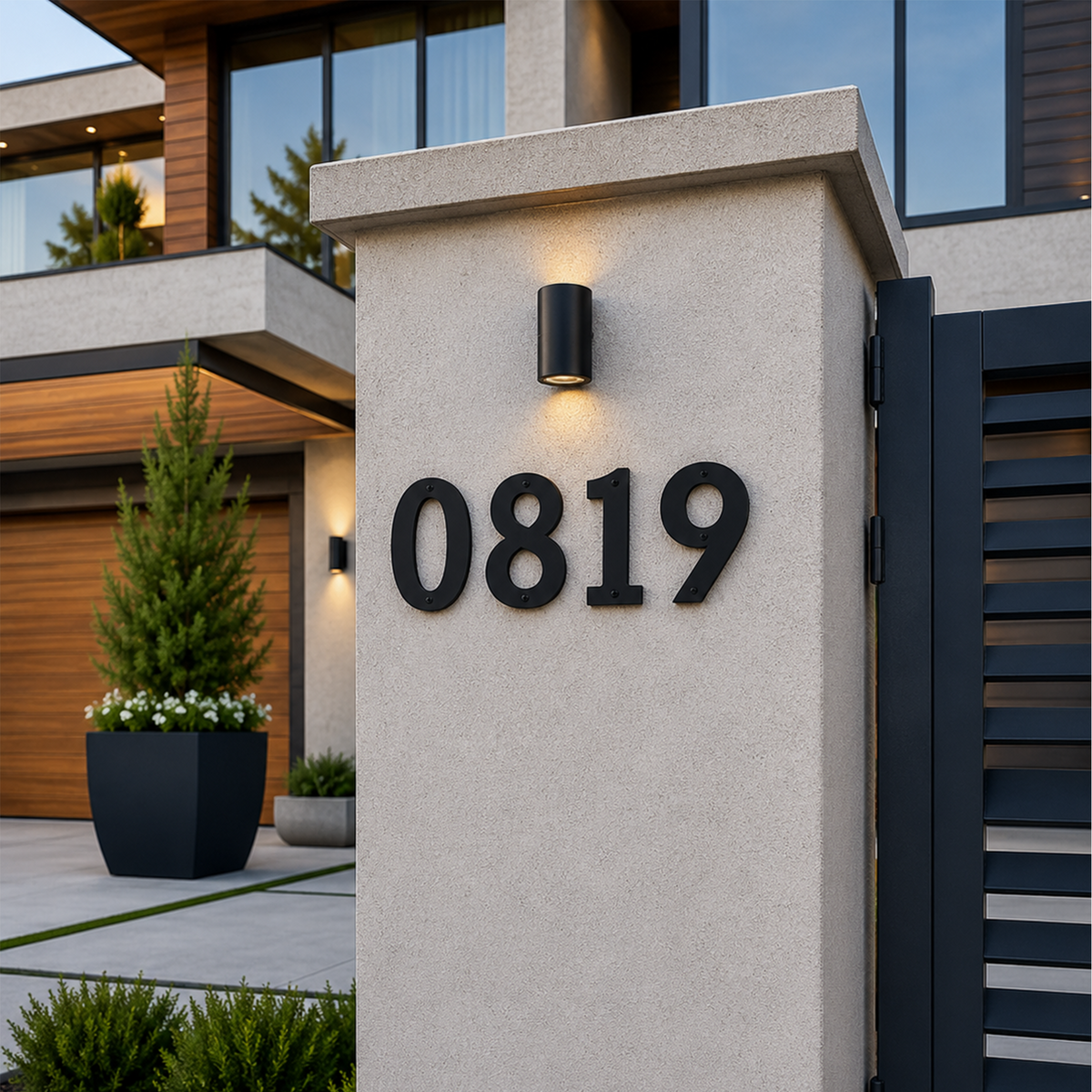 old black architectural house numbers reading "0819" mounted on a standalone light concrete pillar at a property entrance, positioned below a small black outdoor wall lamp.