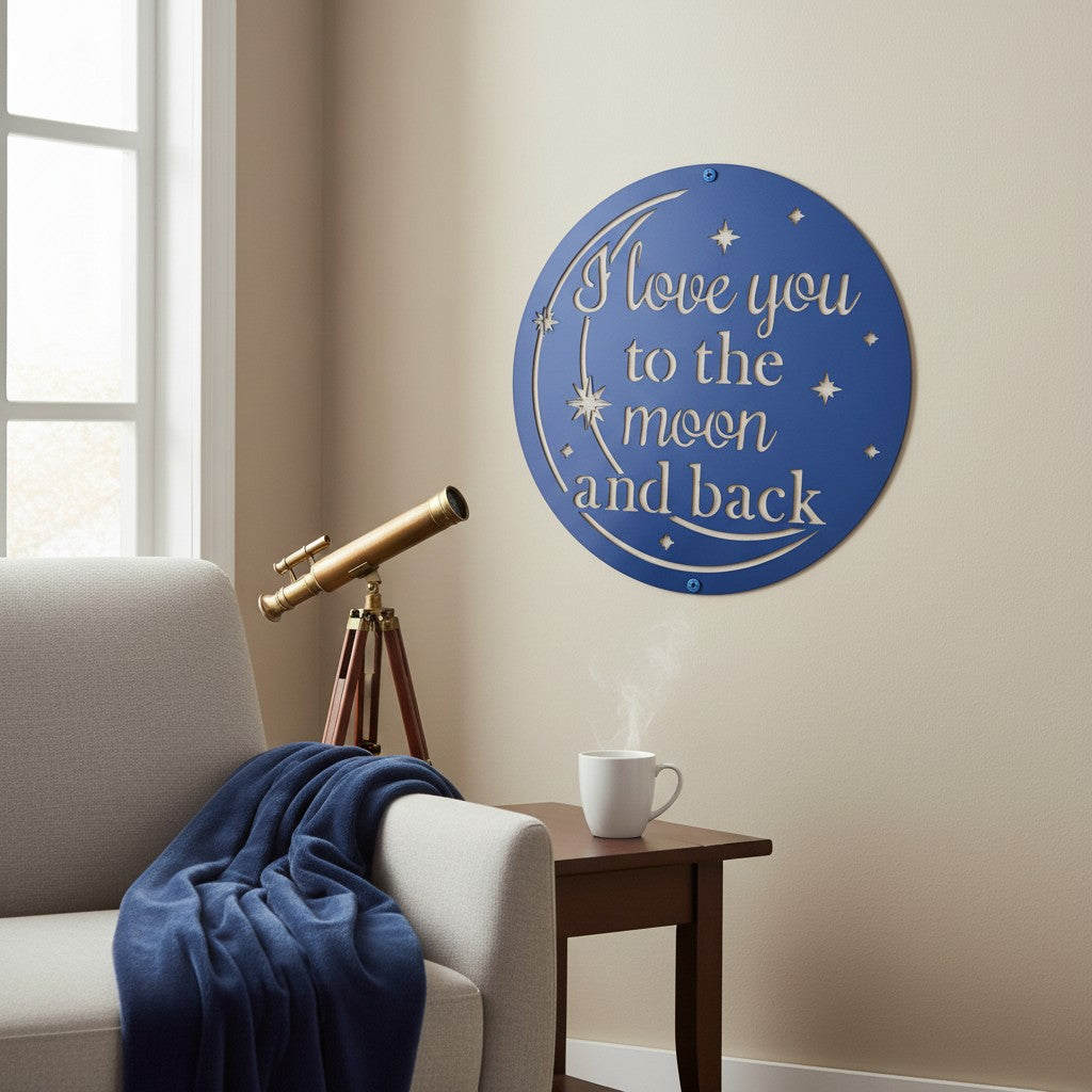 Textured satin black circular metal text sign mounted on an off-white wall above a minimalist wooden bench decorated with dried pampa grass in a black vase.