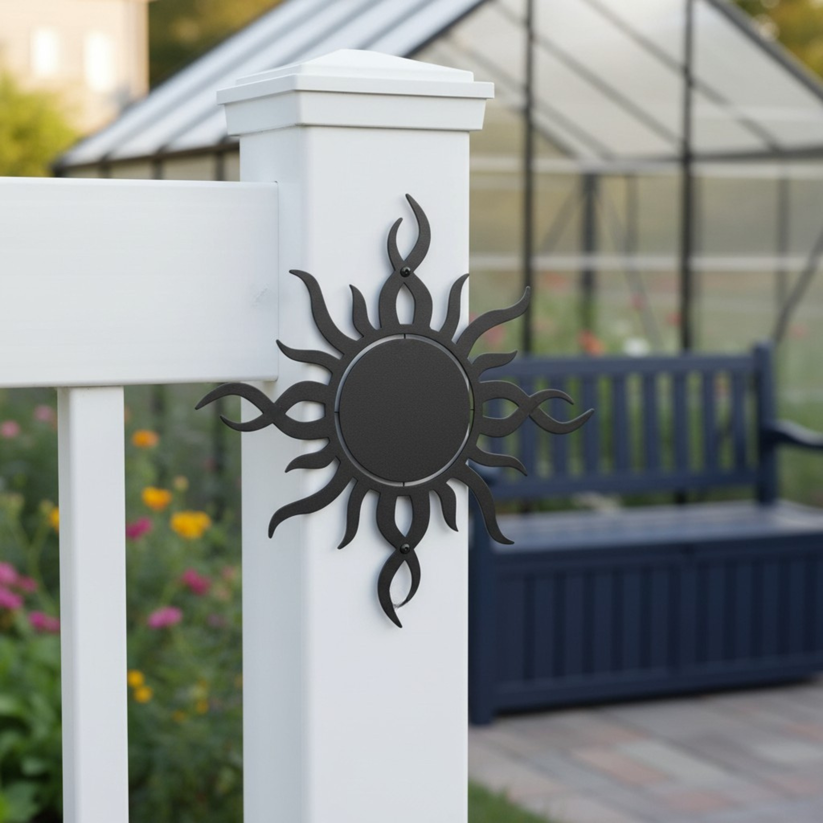 A black metal sun sign with pointed flamed rays mounted on a white vinyl fence post, with a blue garden bench and a glass greenhouse blurred in the background.