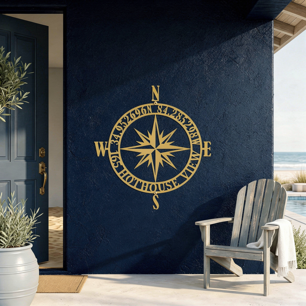 Modern Gold Personalized Compass Rose Metal House Plaque mounted on a dark navy blue exterior wall by the pool.