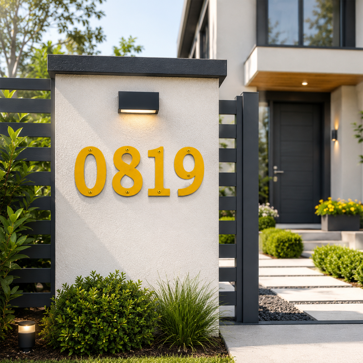 Bright golden yellow house numbers "0819" mounted on a textured white concrete fence pillar beneath a black minimalist outdoor light fixture, surrounded by modern landscaping.