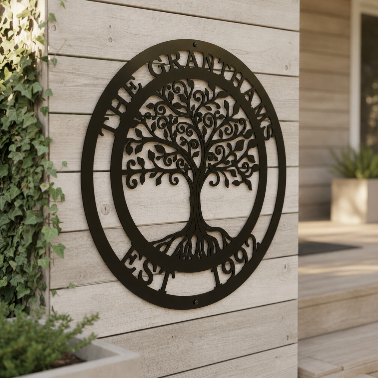A matte obsidian black circular metal sign displaying the custom text "THE GRANTHAMS EST. 1992" around an ornate tree silhouette. The sign is installed on a light gray whitewashed wood siding wall near entry stairs and a contemporary square concrete planter.