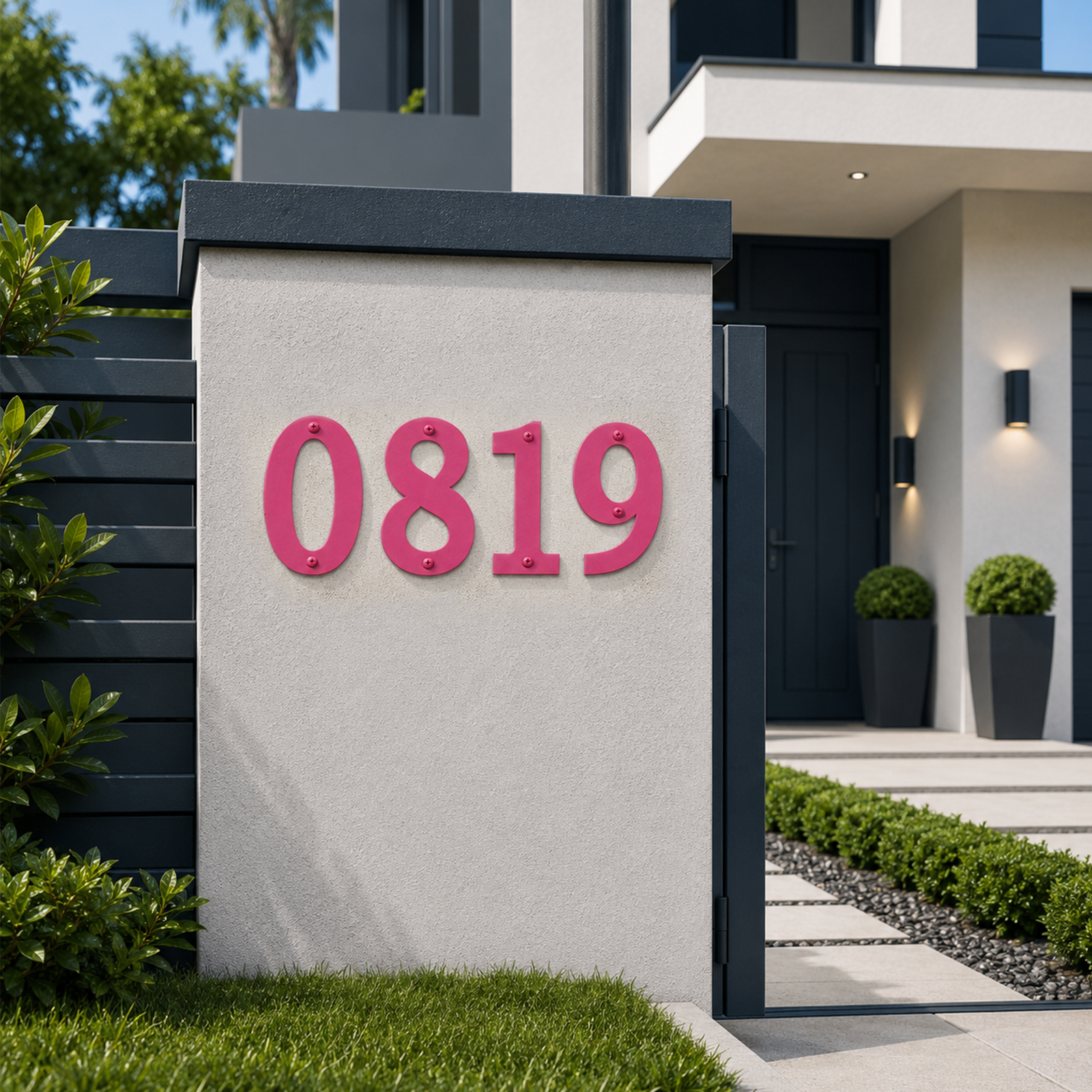 Vibrant hot pink modern font house numbers showing "0819" secured with matching screws onto a concrete entry pillar next to a dark gray horizontal slat fence and front gate.