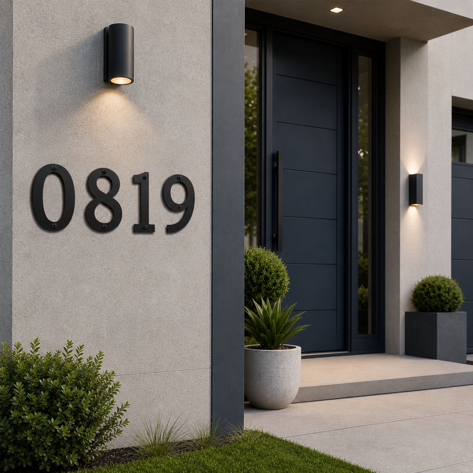inimalist matte black house numbers "0819" vertically aligned/centered on a wide concrete pillar underneath an outdoor light, adjacent to a dark modern front door and decorative ornamental grasses.