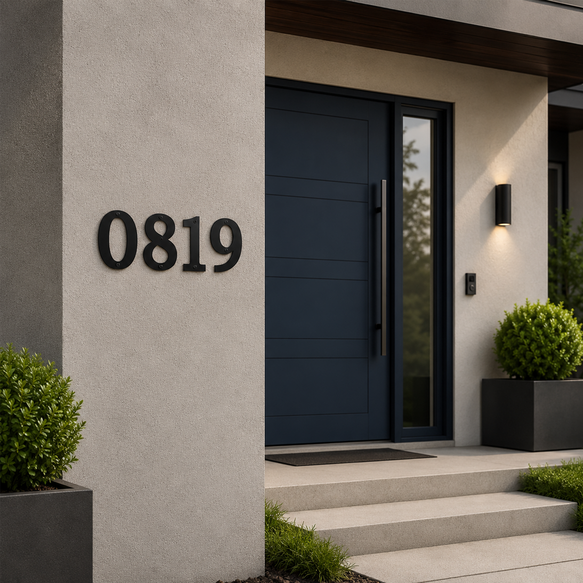 Large, modern matte black house numbers reading "0819" mounted horizontally on a light gray stucco architectural wall next to a dark blue contemporary front door with a long vertical handle.