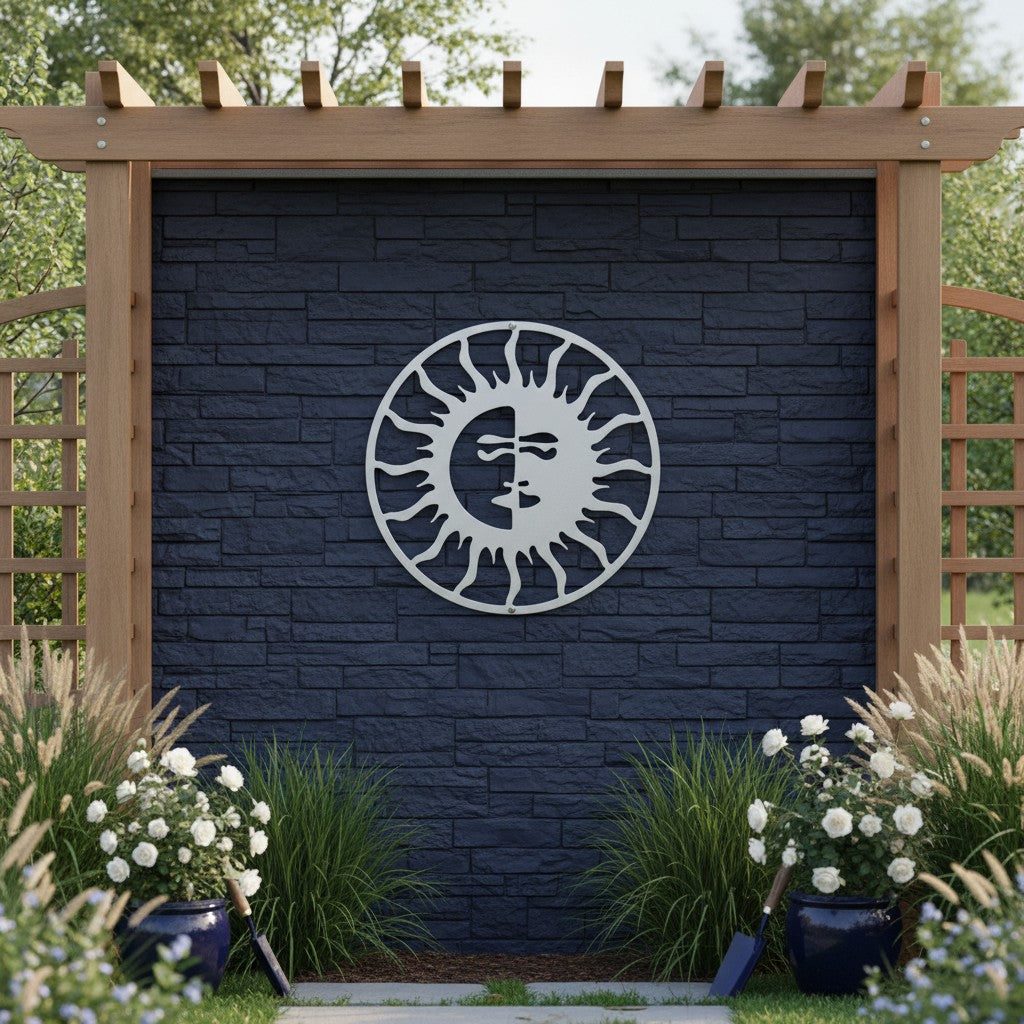 A silver metallic circular sun face plaque hanging on a dark blue faux-brick accent wall, framed by a wooden trellis and potted white roses on the ground.