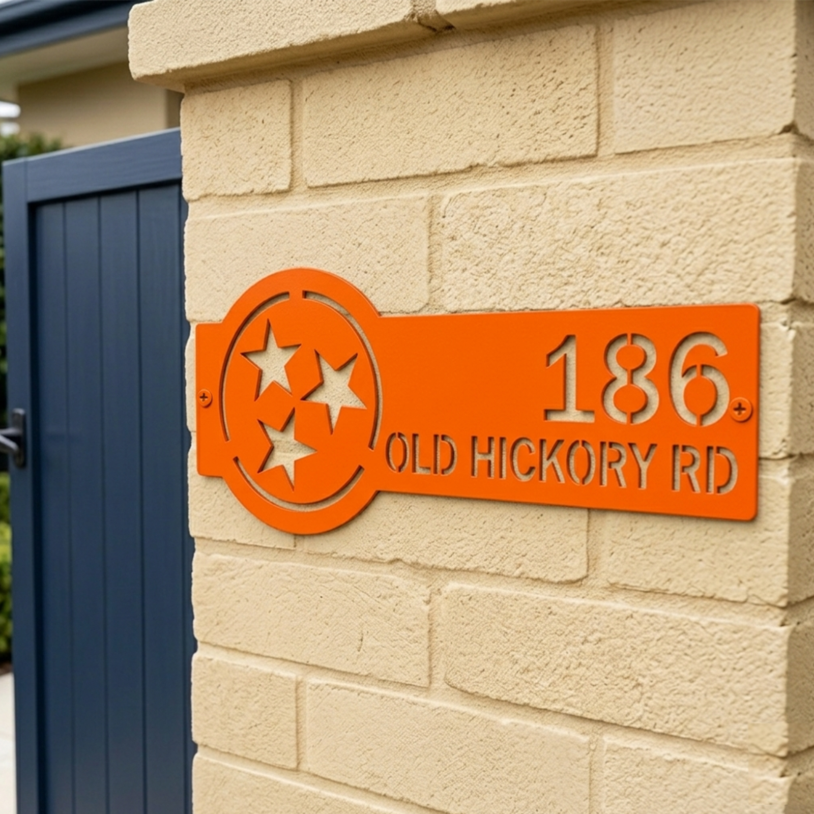 Orange Tennessee tri star custom metal house number sign with street address for residential outdoor entryway décor