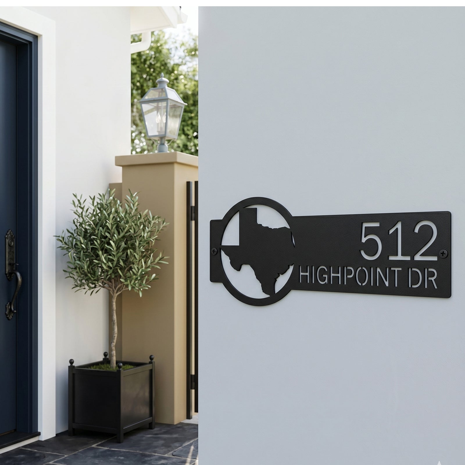 Black Texas state metal address plaque with custom house numbers mounted beside front door entrance
