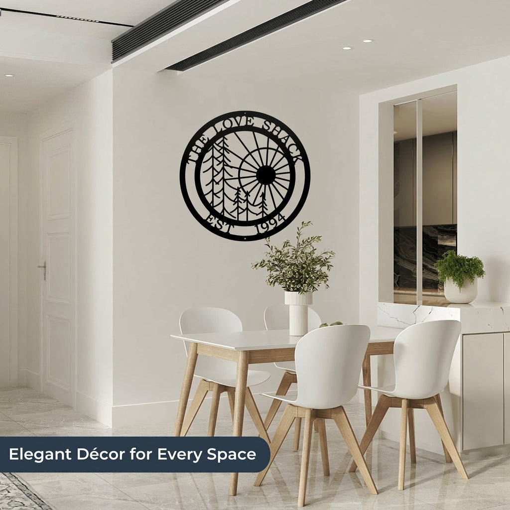 Personalized tree and sun metal wall sign displayed in modern dining room with minimalist farmhouse inspired decor