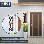 Modern house address sign on white wall with brown door and plant, outdoor entryway décor, HouseSensationsArt