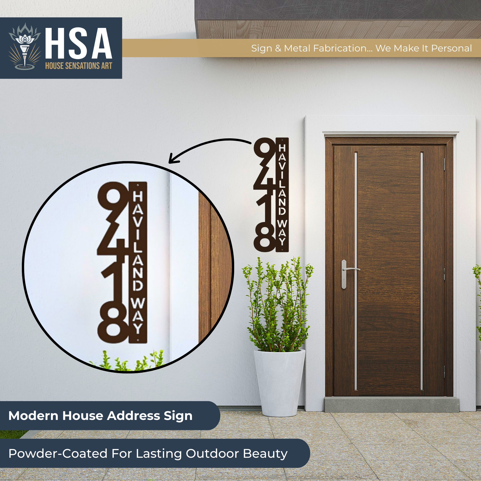 Modern house address sign on white wall with brown door and plant, outdoor entryway décor, HouseSensationsArt