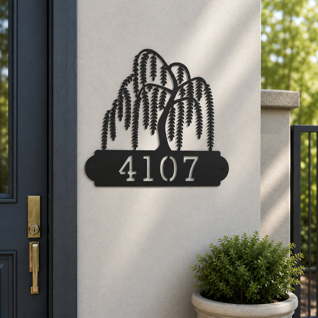 Black willow tree house number plaque with custom address numbers for outdoor entryway wall décor