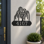 Black willow tree house number plaque with custom address numbers for outdoor entryway wall décor