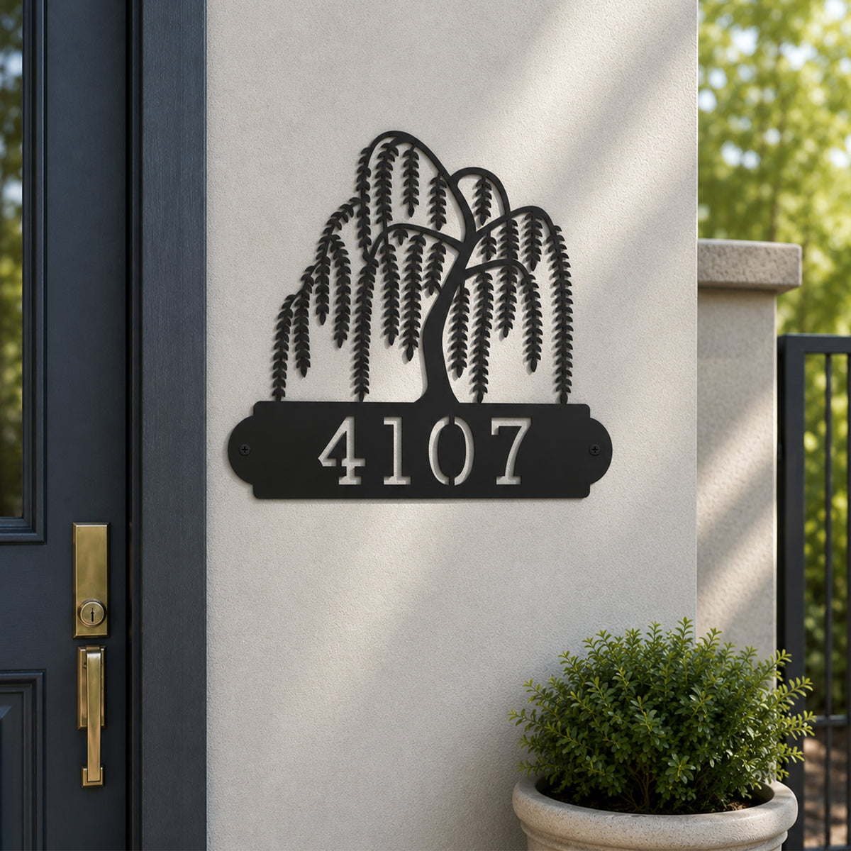 Black willow tree house number plaque with custom address numbers for outdoor entryway wall décor