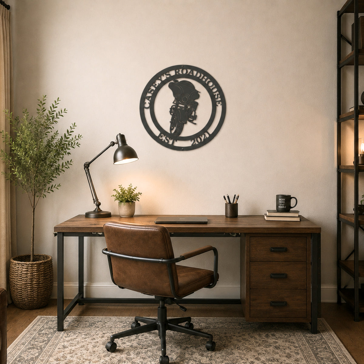 Black motorcycle metal wall art displayed above industrial office desk with rustic wood furniture and leather chair