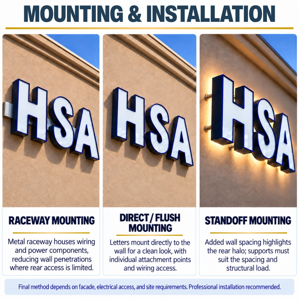 Raceway mounting and installation information for illuminated channel letter signs
