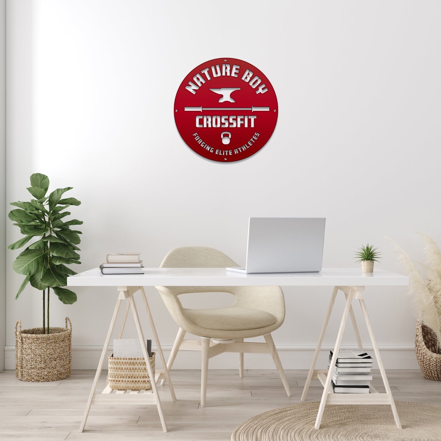 Custom STOREFRONT Brand/Business Logo Sign displayed on a white desk, featuring a laptop and chairs, highlighting its professional and customizable design suitable for office or company branding.