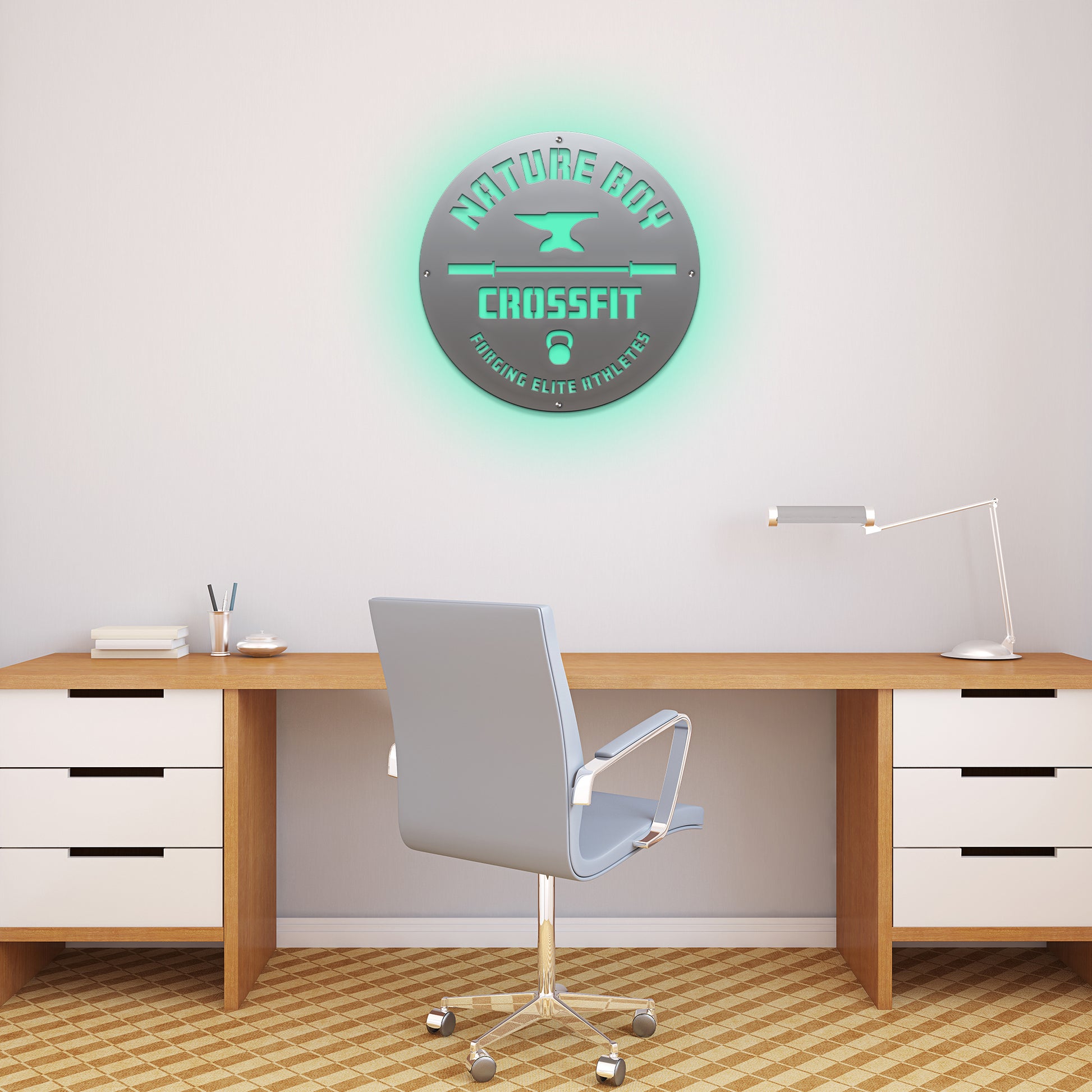 Custom STOREFRONT Brand/Business Logo Sign displayed on a wall beside a desk and chair, showcasing its professional laser-cut design. Ideal for enhancing branding in office or storefront settings.