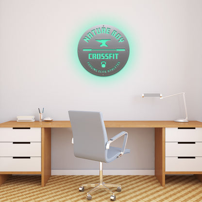 Custom STOREFRONT Brand/Business Logo Sign displayed on a wall beside a desk and chair, showcasing its professional laser-cut design. Ideal for enhancing branding in office or storefront settings.