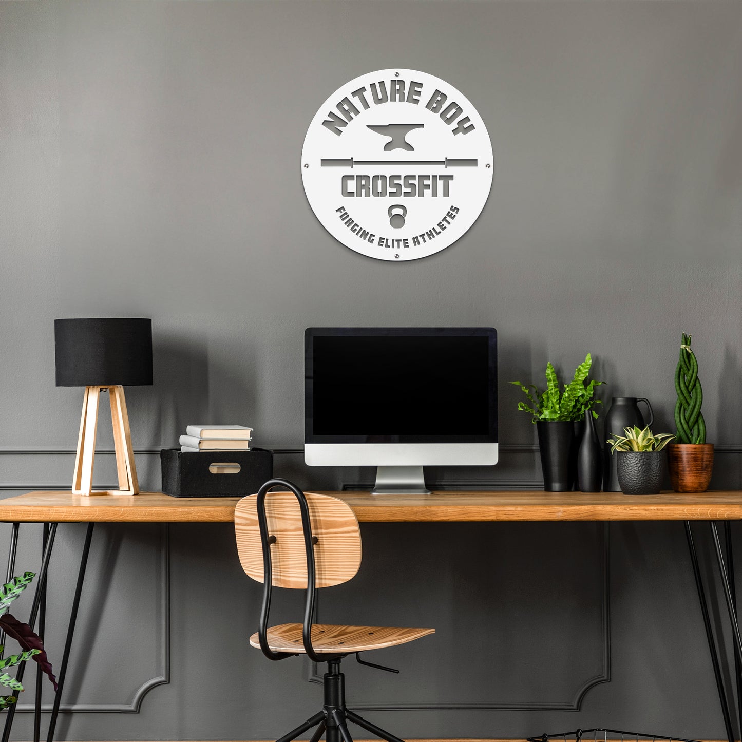 Custom STOREFRONT Brand/Business Logo Sign displayed on a modern office desk setup with a computer, chair, and plants, highlighting its professional appeal and suitability for office spaces.