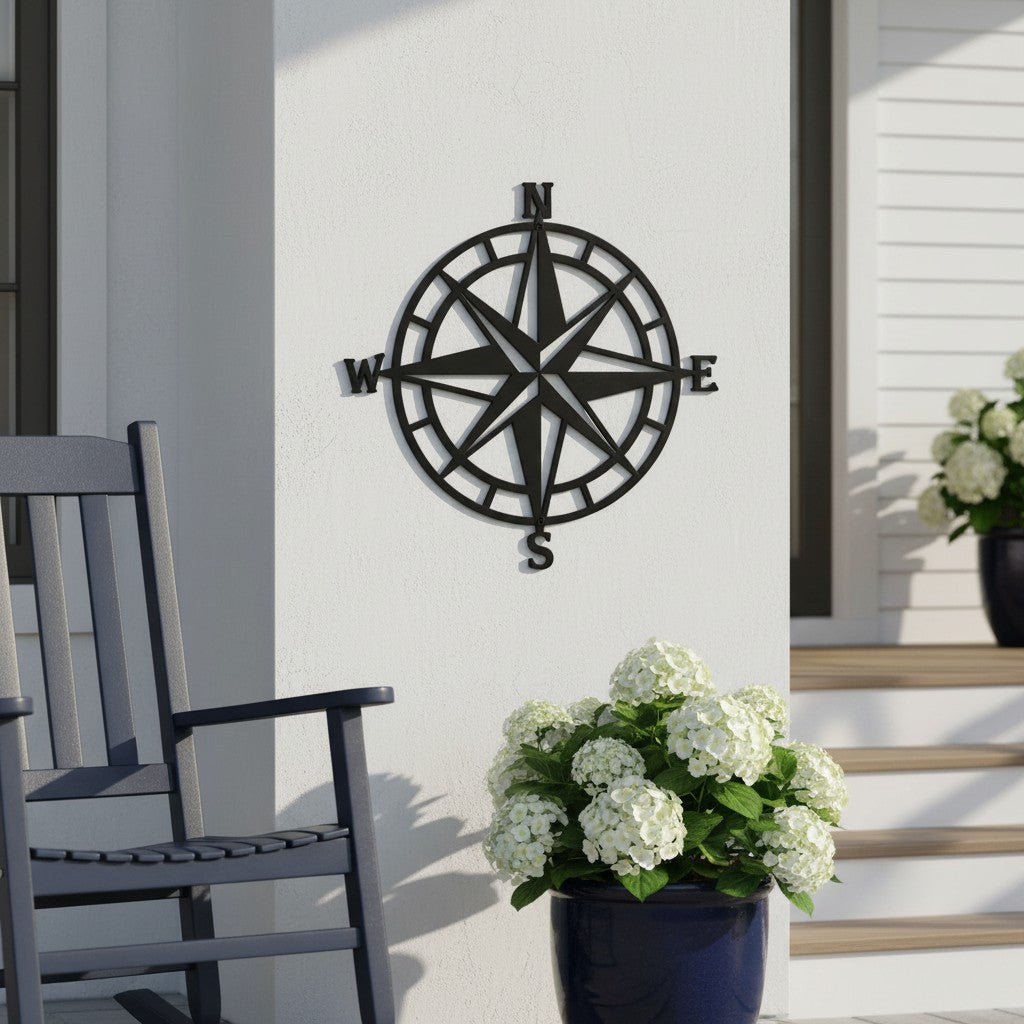 A matte black metal compass rose sign mounted on a white porch wall, positioned behind a dark grey rocking chair and a blue ceramic pot filled with white hydrangeas.